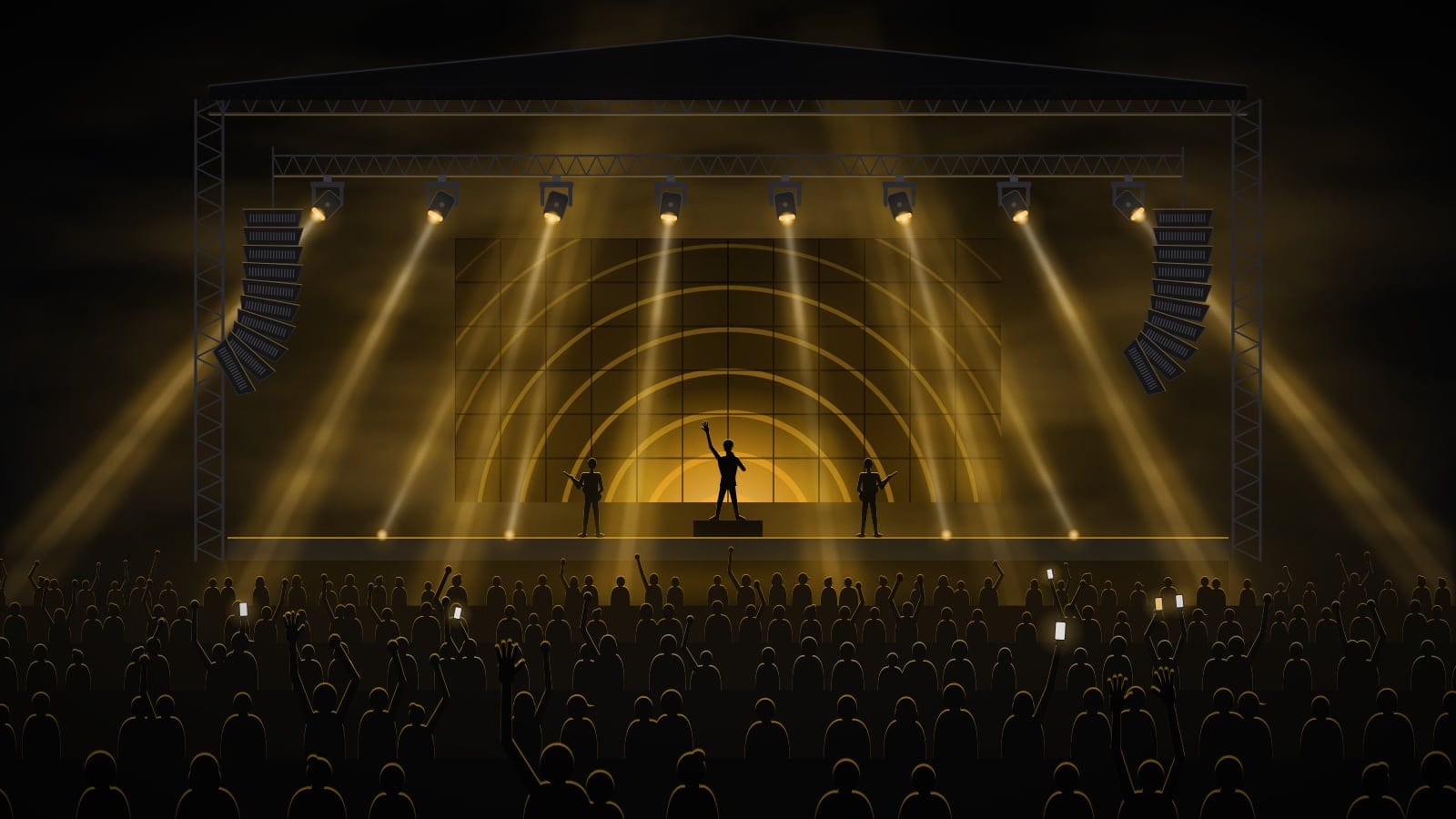 Ilustración conceptual: gran escenario con estructura de truss, cabezas móviles y haces de luz ámbar sobre el público