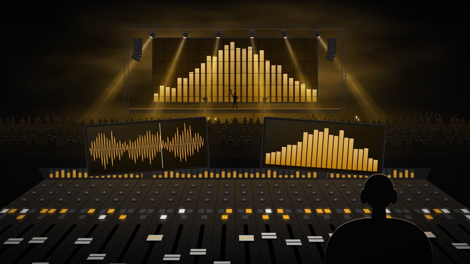 Ilustración conceptual: mesa de control de sonido y luces en primer plano, con pantallas, faders y el escenario al fondo