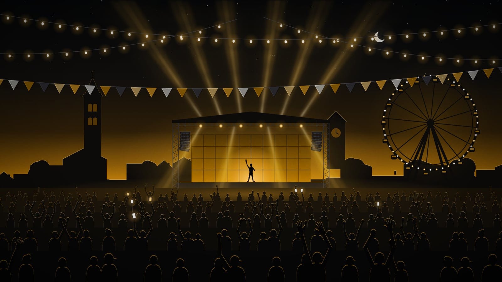 Ilustración conceptual: festival al aire libre al anochecer en una plaza, con escenario, guirnaldas de luces, noria y campanario